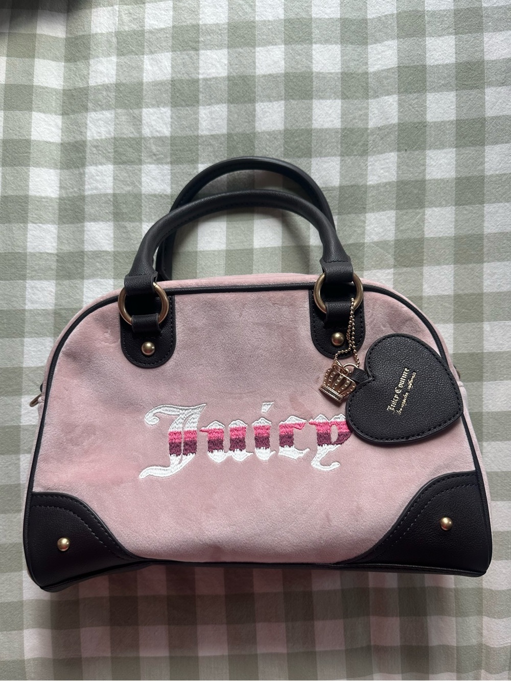Juicy Couture Pink Velvet Satchel with Black Trim and Heart Charm